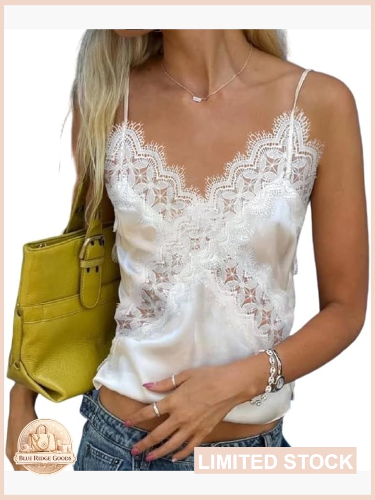 Satin Lace Camisole V-Neck Spaghetti Strap Silky Layering Tank Top Chic